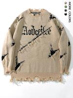 Men's Letter Pattern Ripped Sweater, Loose Casual Long Sleeve Round Neck Jumper for Fall & Winter, Fashion Men's Knitwear for...