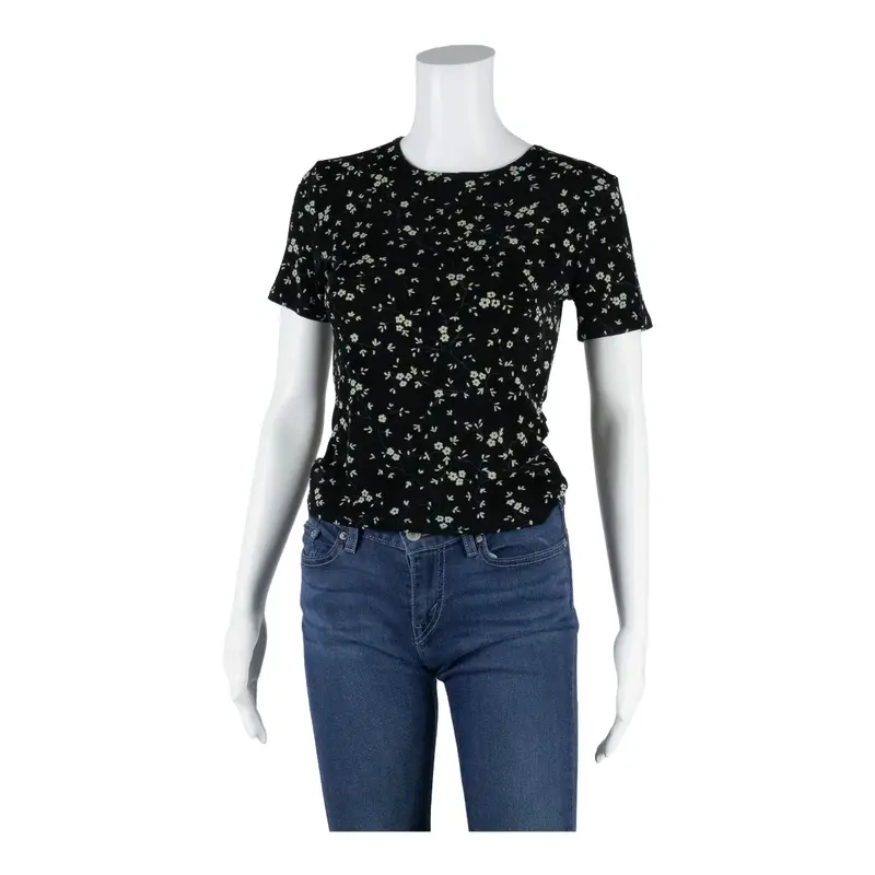 Y2K Stretch Top Black Floral Short Sleeve Womens M