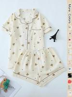 Two-piece Set Women's All Over Cherry Print Contrast Binding Lapel Shirt & Shorts Pajama, Casual Comfy Short Sleeve Button To...