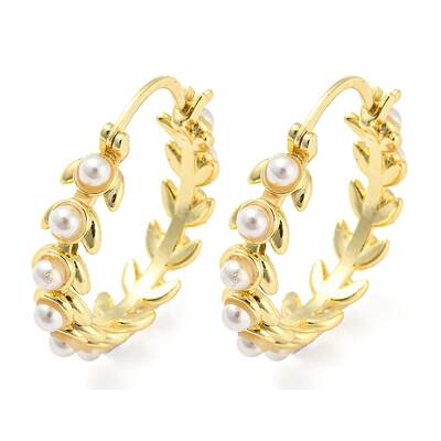 Rack Plating Brass Leaf Wreath Hoop Earrings with Plastic Pearl Beaded