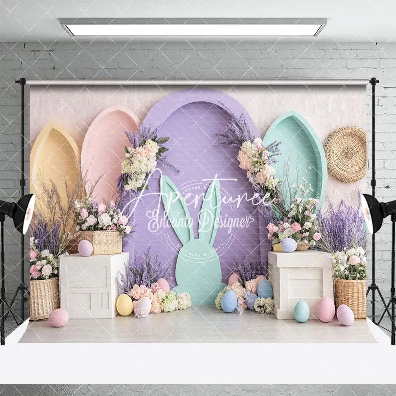 Aperturee Purple Green Arch Floral Eggs Easter Photo Backdrop, 3X2FT(1MX0.6M), 14 USD, easter backdrops, ENHD3J30-M