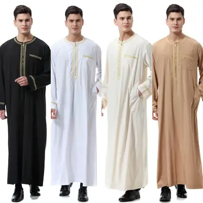 Embroidered Zip-Front Round-Neck Robe – Solid-Color Ethnic Pull-On Long Shirt modest wear arab robe men s modest clothing...