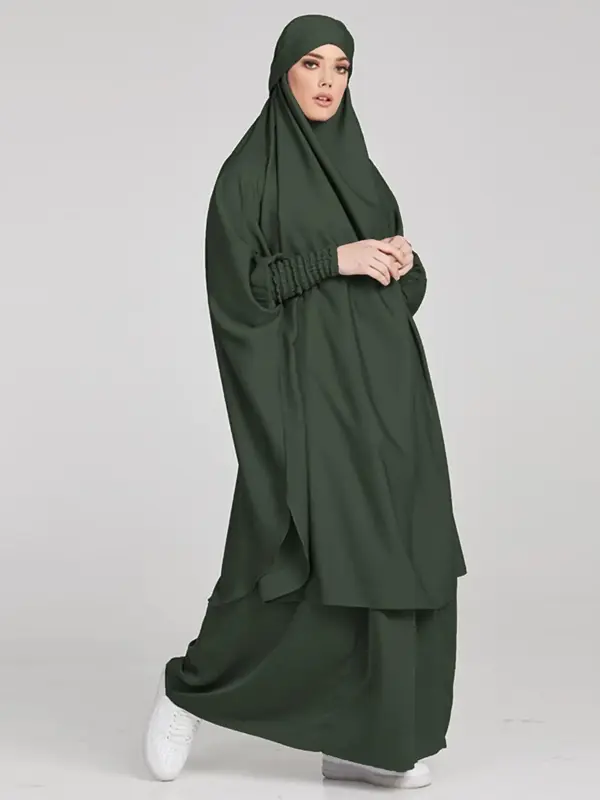 Arabic Clothing- Solid Shirred Knot Hooded Abaya & Drawstring Long Dress Set, Modest Batwing Sleeve Loose-fitting Long Abaya ...