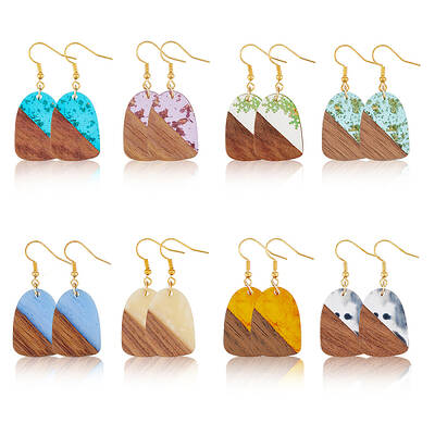 8 Pair 8 Color Resin & Wood Dangle Earrings with Iron Pins