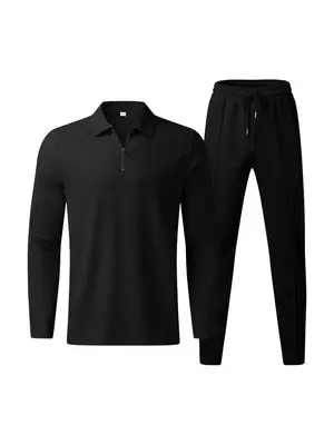 Men's Solid Half Zipper Collared Polo Shirt & Drawstring Pants Set, Casual Textured Long Sleeve Top & Trousers for Spring & F...