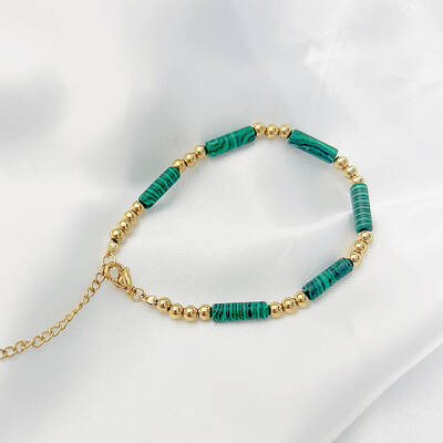French Style Handmade Vintage Stainless Steel Synthetic Malachite Beaded Bracelets for Women