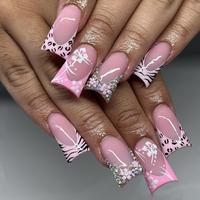 Duck Shaped Press on Nails Medium Fake Nails Leopard French Tip with Flower Rhinestone Designs Cute Acrylic Nails for Women D...