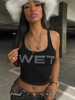 Women's Letter Rhinestone Decor Scoop Neck Tank Top, Fashion Casual Sleeveless Top for Daily Outdoor Wear, Ladies Clothes for...