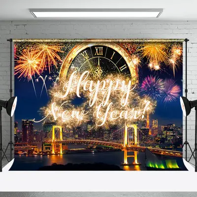 Aperturee Night Scene Glitter Gold Happy New Year Party Backdrop