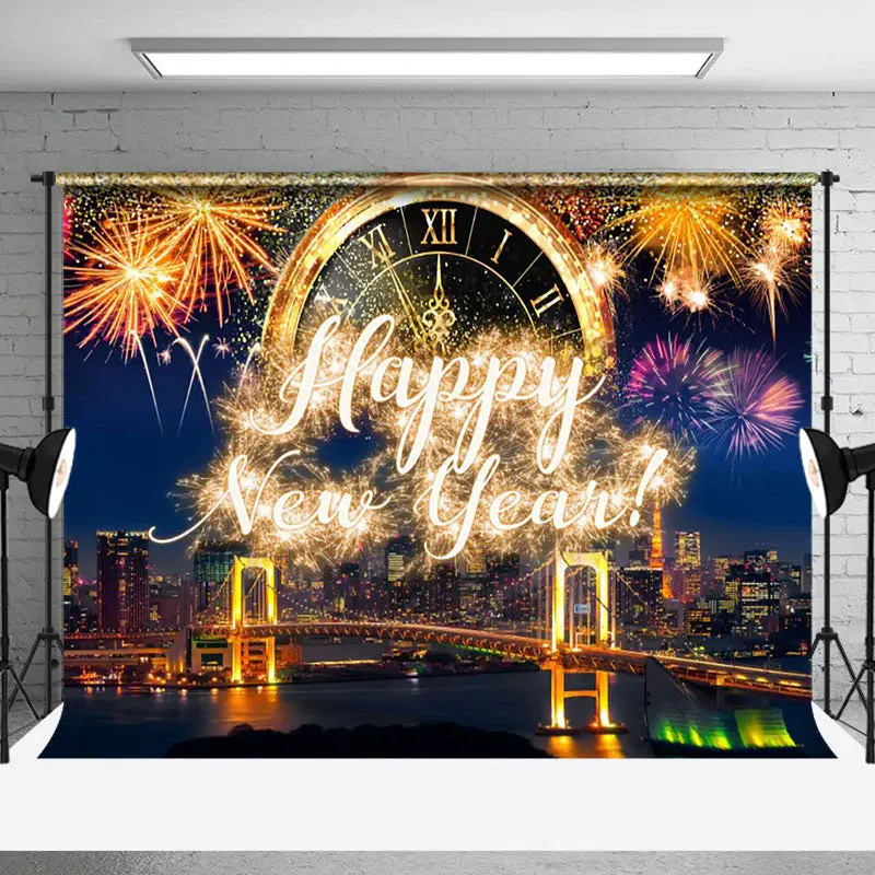 Aperturee Night Scene Glitter Gold Happy New Year Party Backdrop