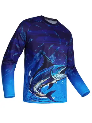 Men's Fish Print Round Neck Raglan Sleeve Sports Tee, Regular Fit Long Sleeve T-shirt for Men, Summer Outfits 2024, Summer Cl...