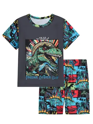 Boy's Cartoon Dinosaur Print Crew Neck Tee & Elastic Waist Shorts Pajama Two-Piece Set, Casual Comfy Round Neck Short Sleeve ...