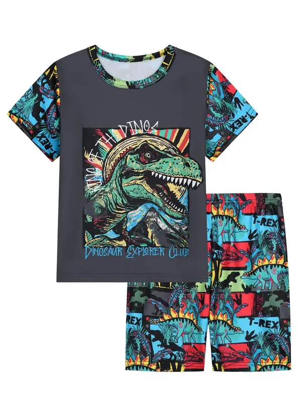 Boy's Cartoon Dinosaur Print Crew Neck Tee & Elastic Waist Shorts Pajama Two-Piece Set, Casual Comfy Round Neck Short Sleeve ...