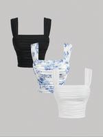 Women's Plain / Floral Print Ruched Tulle Tank Top, Elegant Sleeveless Top for Summer, Chic Ladies Clothes for Daily Wear, Su...