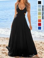 Women's Plain Cut Out Backless Halter Dress, Minimalist Boho Sleeveless Tie Back A Line Maxi Dress for Beach Holiday Vacation...