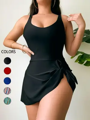 Women's Solid / All Over Print Asymmetrical Hem Ruched Knot Design Tank Swimsuit, Adjustable Strap Sleeveless One-piece Swimw...