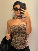 Women's Leopard Print Ruched Mesh Tube Top with Belt, Casual 2000s Y2k Strapless Top for Summer, Ladies Clothes for Party Clu...