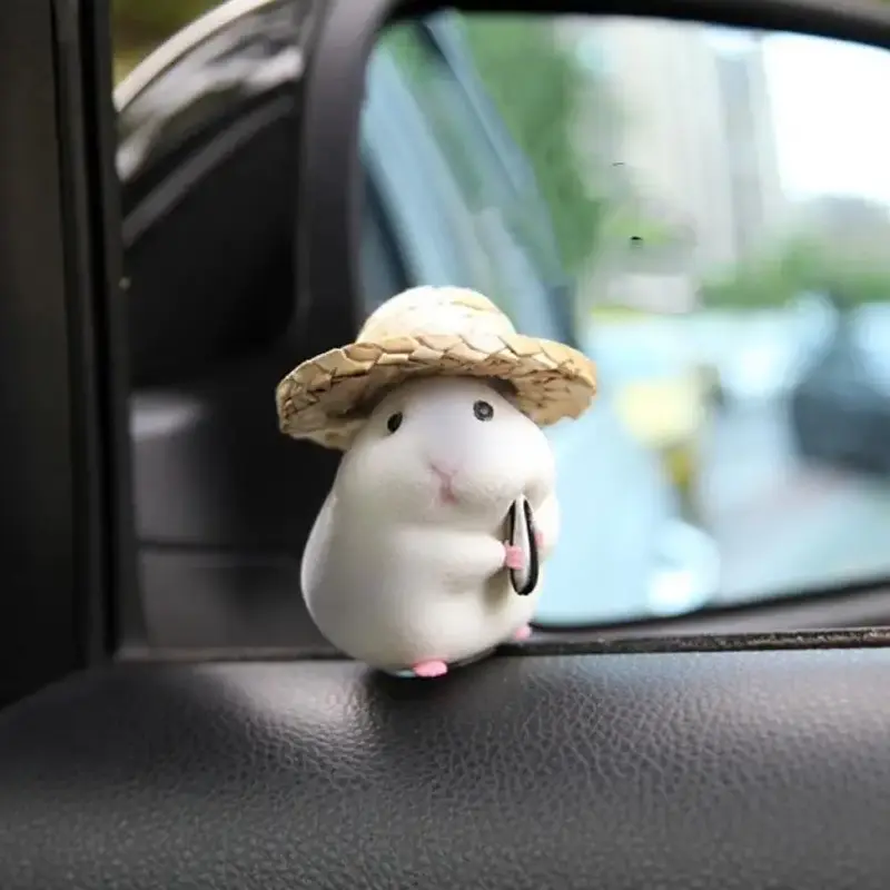 Straw Hat Hamster Car Ornaments, Sticky Car Interior Accessories Dolls, Car Dashboard Decoration For Gift Giving, Car Access...