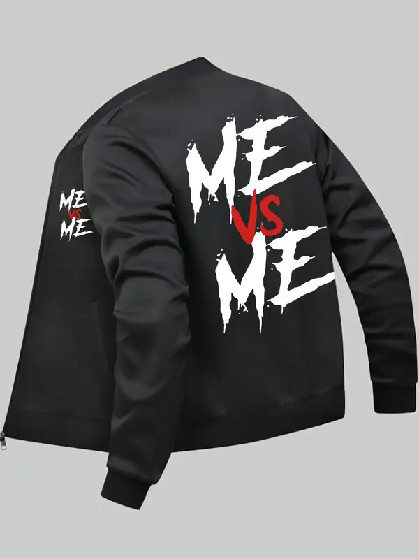 Men's Letter Print Pocket Zip Up Jacket, Regular Fit Casual Long Sleeve Mock Neck Outerwear for Spring & Fall, Men's Clothes ...