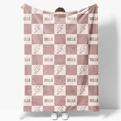 Flesh Pink Lightning Icon Plaid Custom Name Blanket - Aperturee