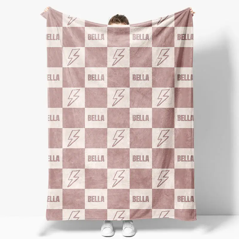 Flesh Pink Lightning Icon Plaid Custom Name Blanket - Aperturee