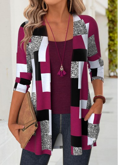 Modlily Dark Reddish Purple Geometric Print Long Sleeve Light Cardigan - XL