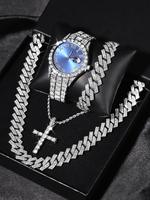 Men's Punk Style Rhinestone Decor Watch & Bracelet & Adjustable Cross Charm Necklace & Cuban Necklace, Jewelry Watch Set, Exq...