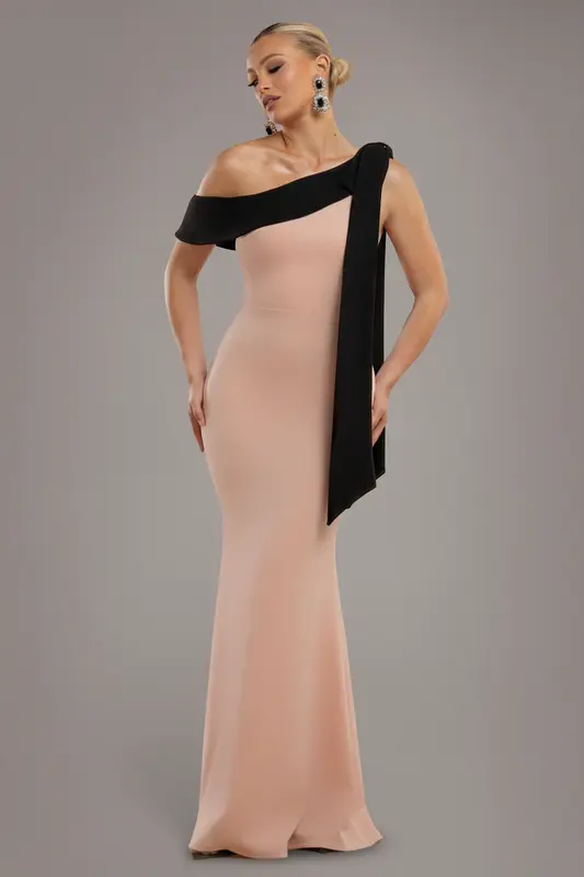 Goddiva One Shoulder Contrast Bow Maxi Dress - Nude Black