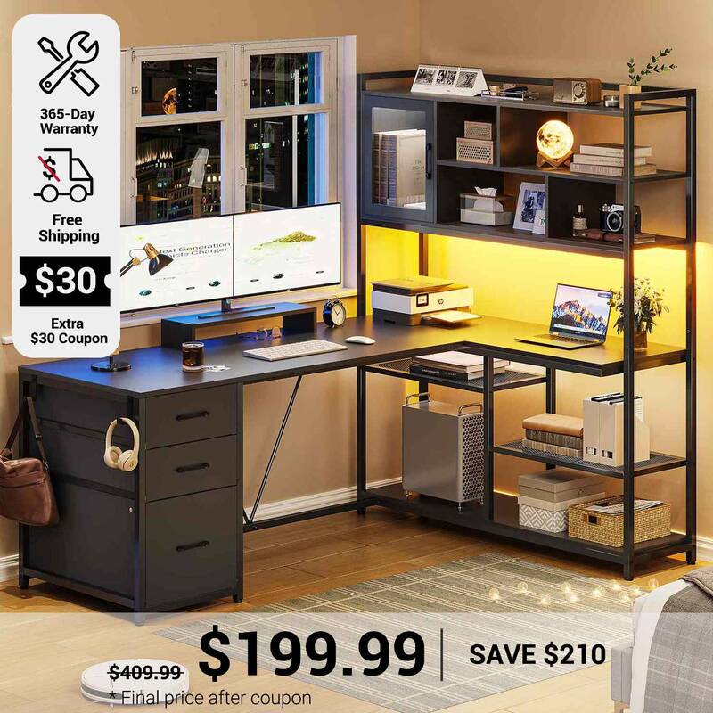SEDETA | 58 Inch L Shaped Computer Desk with 3 Drawers and Bookshelf for Home Office Black Home Office Furniture