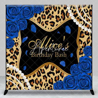 Aperturee Leopard Blue Rose Custom Name Birthday Bash Backdrop, 3X3FT(1X1M), 15 USD, custom birthday backdrops, DZAH0B861-O