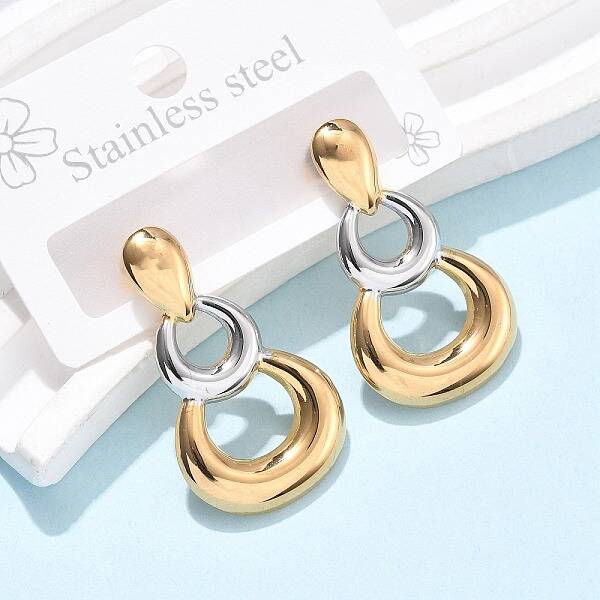 304 Stainless Steel Two Tone Gourd Dangle Stud Earrings