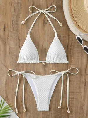 Two-Piece Set Women's Textured Tie Back Triangle Bikinis Set, Boho Comfort Solid Halter Neck Wireless Swim Top & Tie Side Swi...