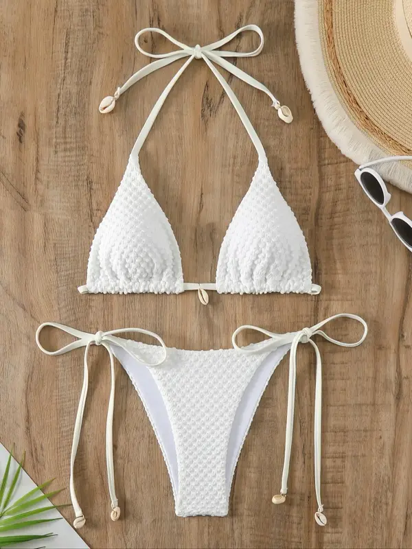 Two-Piece Set Women's Textured Tie Back Triangle Bikinis Set, Boho Comfort Solid Halter Neck Wireless Swim Top & Tie Side Swi...