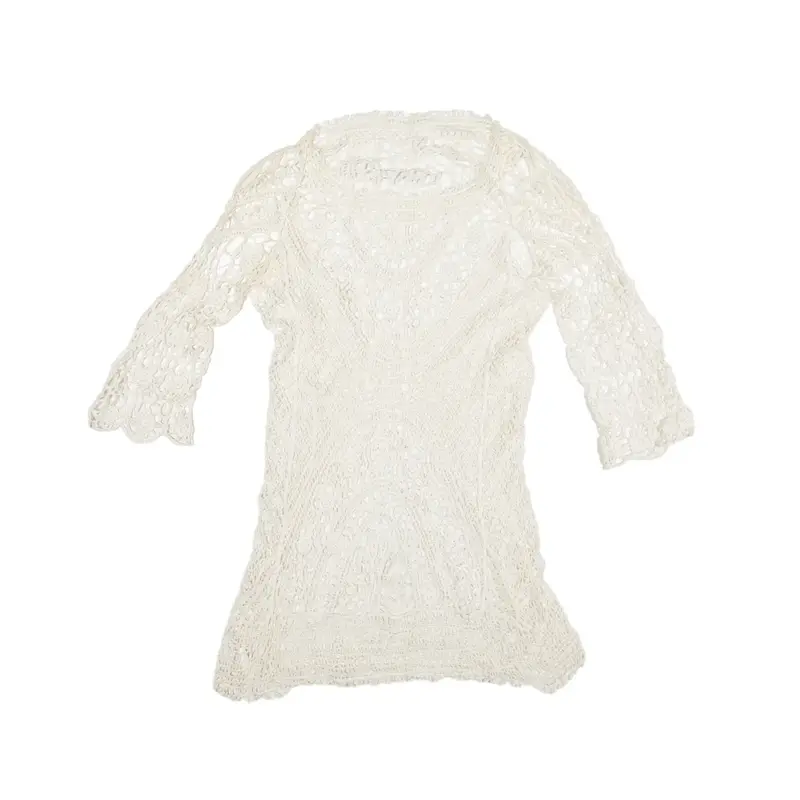 Y2K Beach Wear Crochet Mini Dress White Long Sleeve Short Womens UK 10