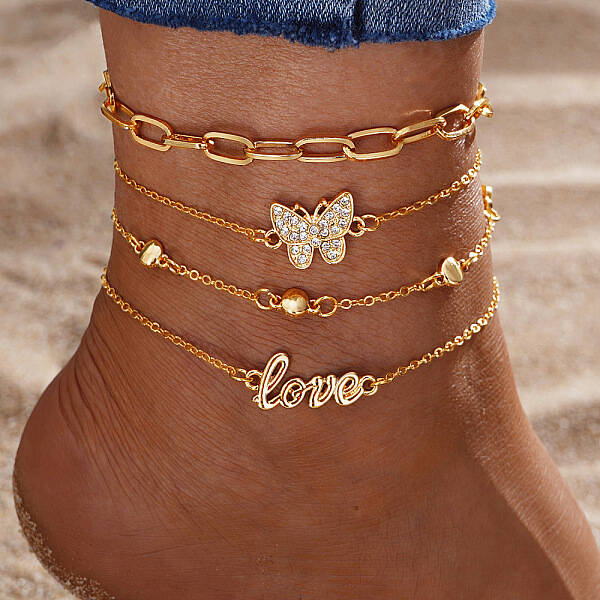 4Pcs Alloy Rhinestone Anklets