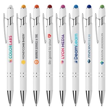100 Promotional Ellipse Softy White Barrel Metal Pen w/ Stylus - ...