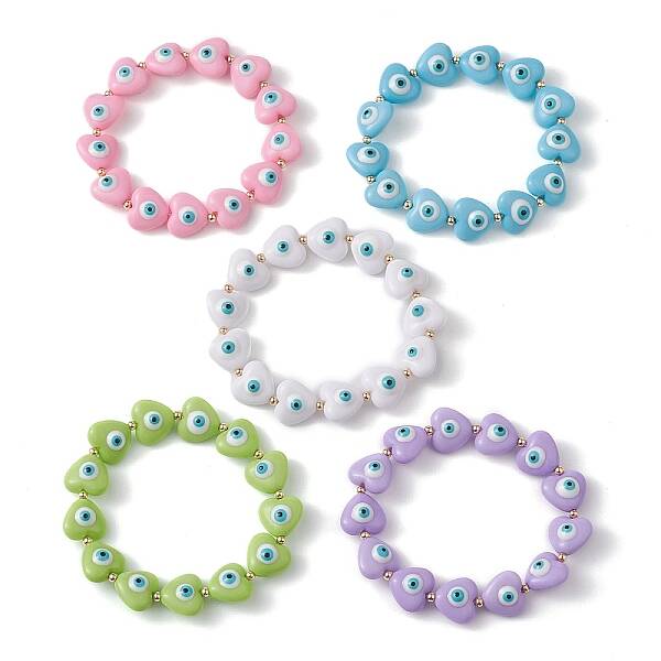 Resin Heart with Evil Eye Beaded Stretch Bracelets