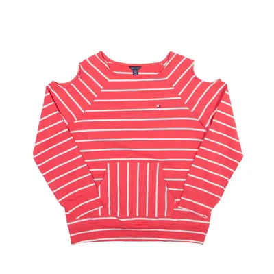 TOMMY HILFIGER Cut Out Striped Sweatshirt Pink Crew Neck Girls XL