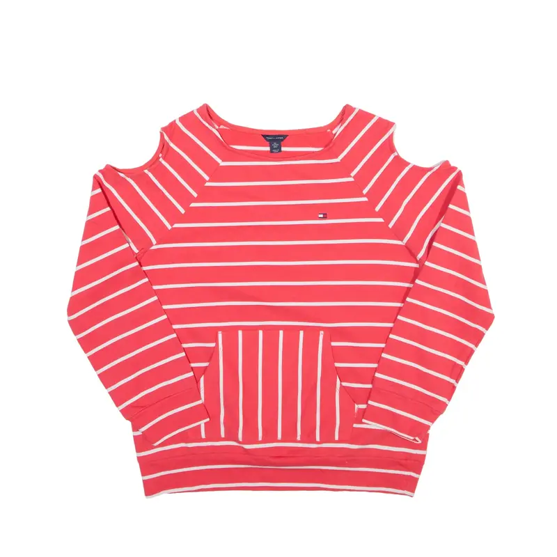 TOMMY HILFIGER Cut Out Striped Sweatshirt Pink Crew Neck Girls XL