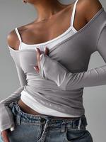Women's Plain 2 in 1 Cold Shoulder Tee, Casual Long Sleeve T-shirt for Spring & Fall, Women's Top for Daily Wear