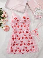 Women's Lip Print Lace Trim Cami Nightdress & Thong Set, Comfy Breathable Sleeveless Fitted Spaghetti Strap Nightgown & Panty...