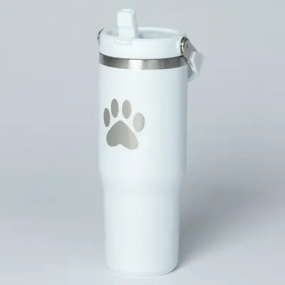 Paw Print Stainless Steel Tumbler with Flip Straw - 30 oz - White