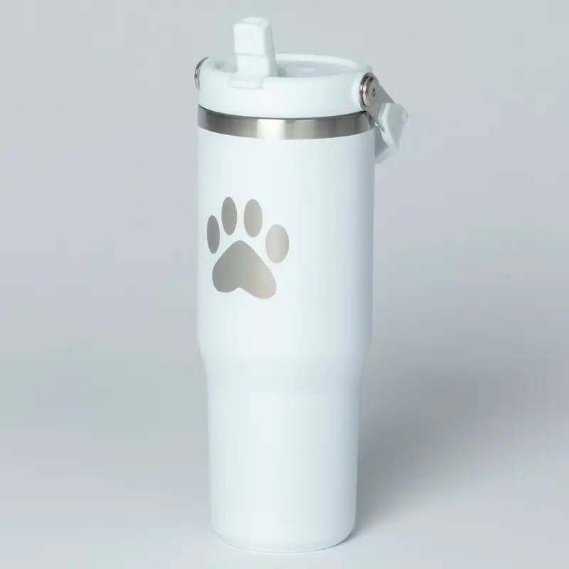 Paw Print Stainless Steel Tumbler with Flip Straw - 30 oz - White
