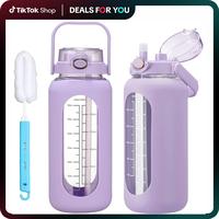 【WINSA】 64oz Glass Water Bolttles with Straw Half Gallon Large Motivational Water Bottle with Time Marker Sports Water Bo...