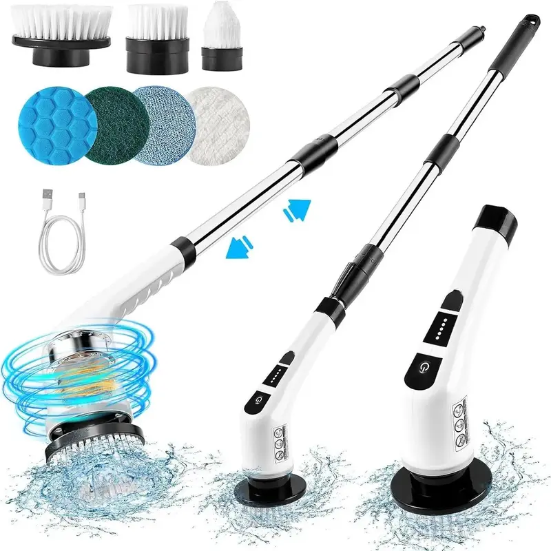 Durable USB Rechargeable Electric Spin Scrubber, 1 Set Durable Cleaning Brush Bathroom Scrubber with 7 Replaceable Brush He...