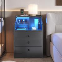 Sikaic LED Nightstand With Hutch Drawers Charging Station Furniture Home Table