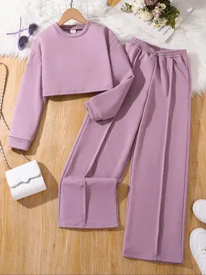 Two-piece Set Girl's Solid Long Sleeve Tee & Flare Leg Pants Set, Casual Round Neck Top & Bell Bottom Trousers Set for Fall &...