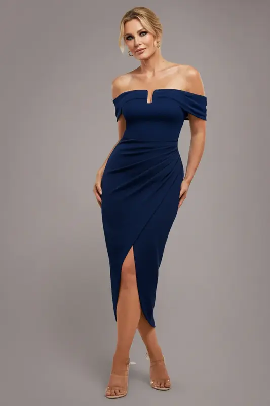 Goddiva Off The Shoulder Chiffon Wing Scuba Crepe Midi Dress - Navy Blue