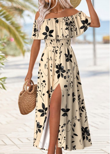 Modlily Beige Floral Print Maxi Sleeveless Off Shoulder Dress - M