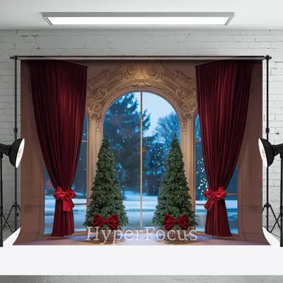 Gold Wall Red Curtain Tree Window Christmas Backdrop - Aperturee